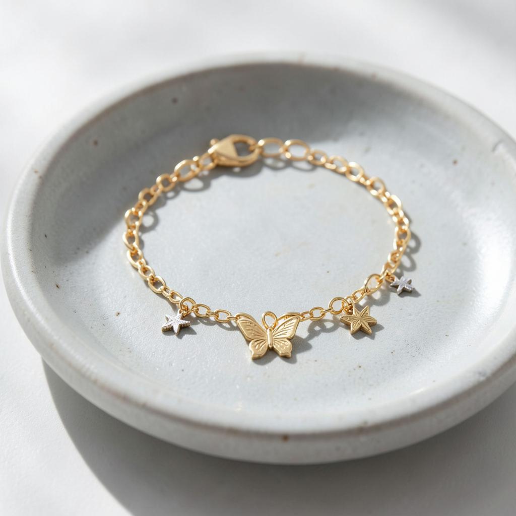 Gold-tone charm anklet with star charms in a ceramic dish